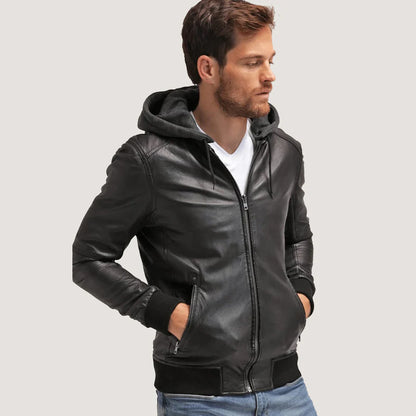 Men's Black Leather Hooded Bomber Jacket
