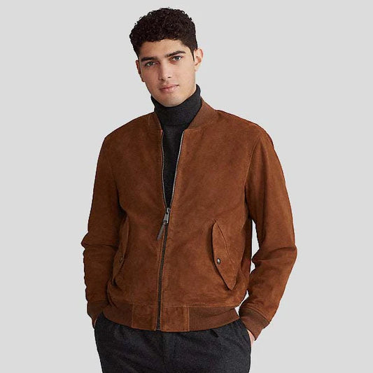 Men's Dark Brown Suede Leather Bomber Jacket