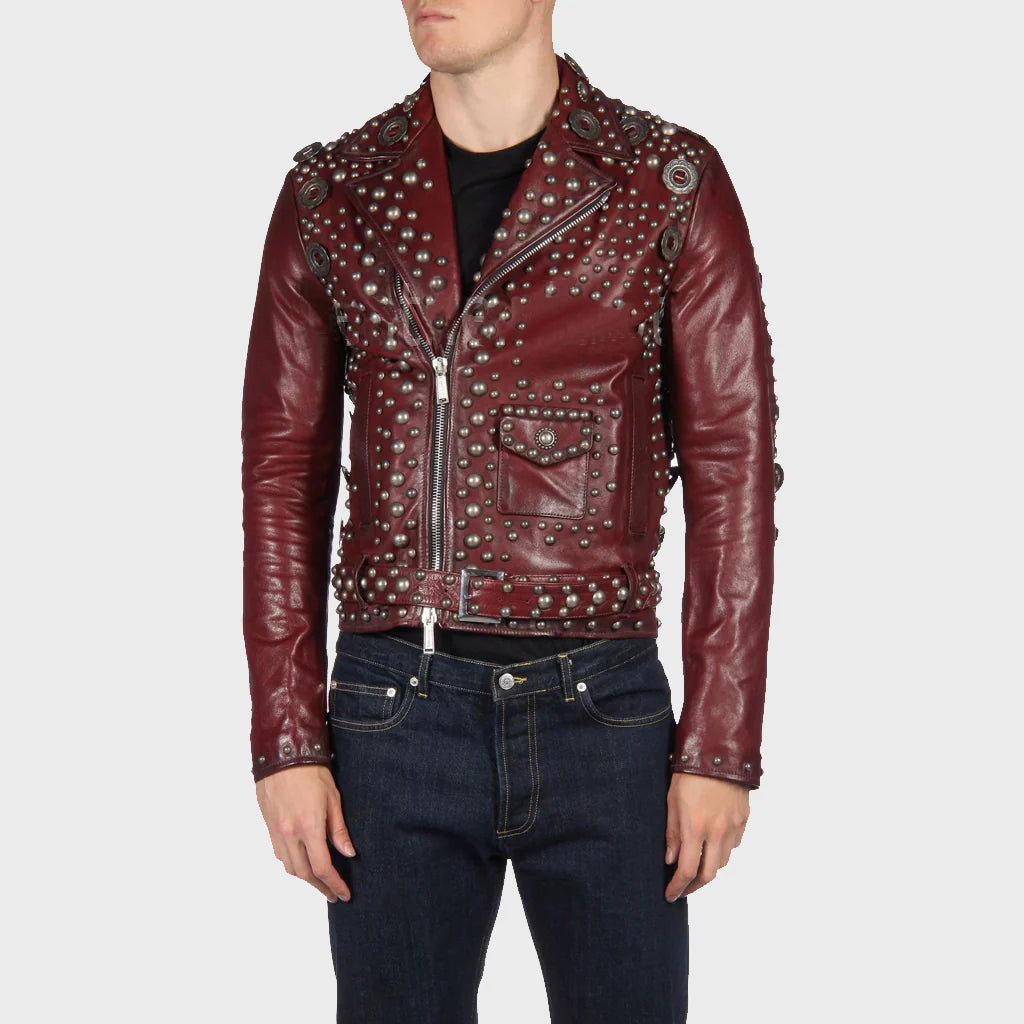 Men’s Red Studded Leather Biker Jacket