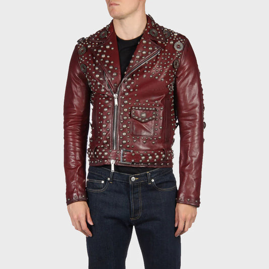 Men’s Red Studded Leather Biker Jacket