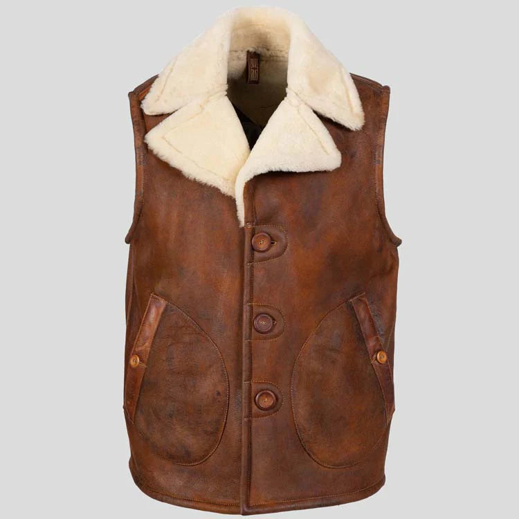 Mens Distressed Brown Shearling Fur Sheepskin Leather Vest
