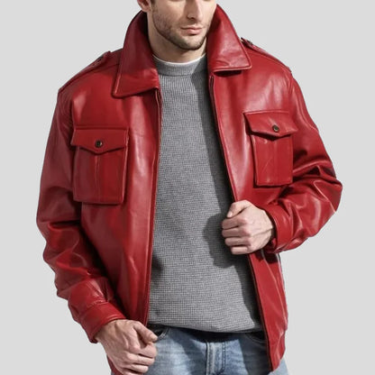 Men’s Fashion Real Red Leather Bomber Jacket