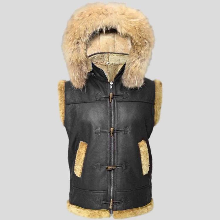 Mens Black B3 Aviator Fur Shearling RAF Leather Vest with Hood