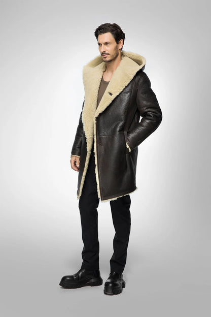 Men Black Hooded Sheepskin Shearling Coat