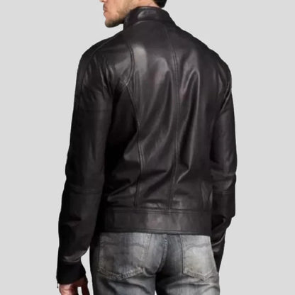 Stylish Men’s Leather Bomber Jacket with Stand Collar