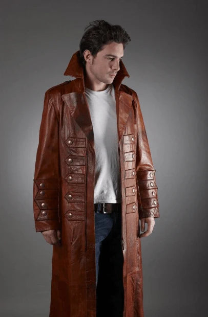 Men Dark Brown Long Leather Coat
