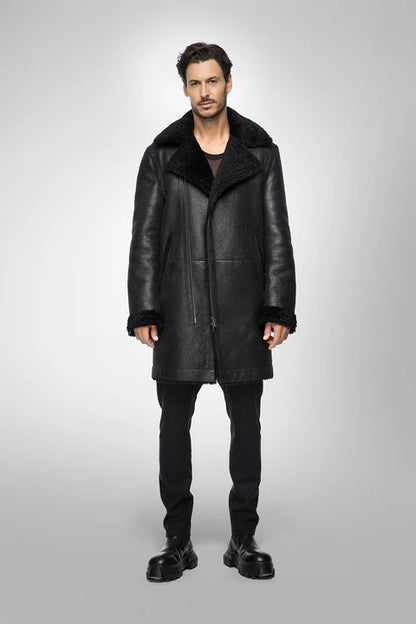 Men Black B7 Shearling Bomber Leather Coat