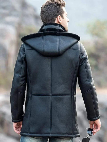 Men sheepskin fur leather coat with hood