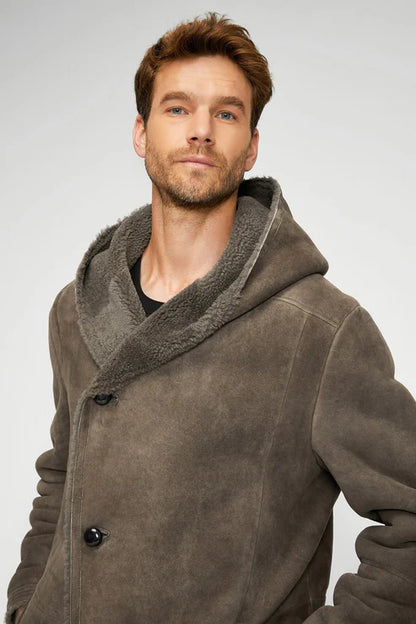 Men gray sheepskin leather coat with hood