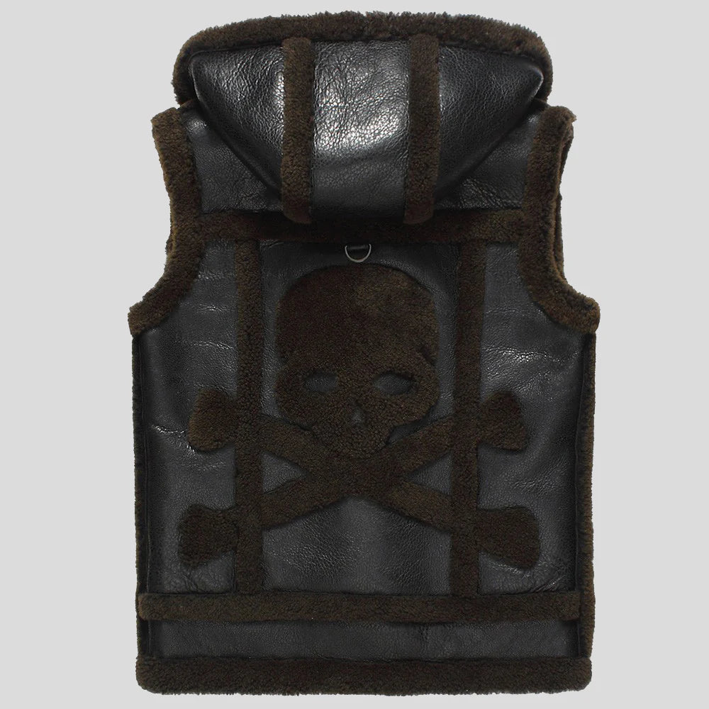 Mens Sheepskin Shearling Vest with Hood Black