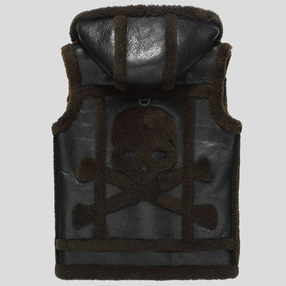 Mens Sheepskin Shearling Vest with Hood Black