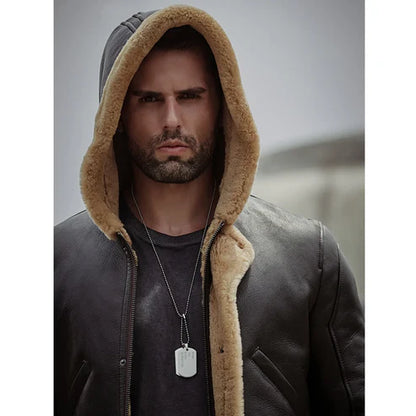 Men b7 bomber sheepskin leather coat with hood