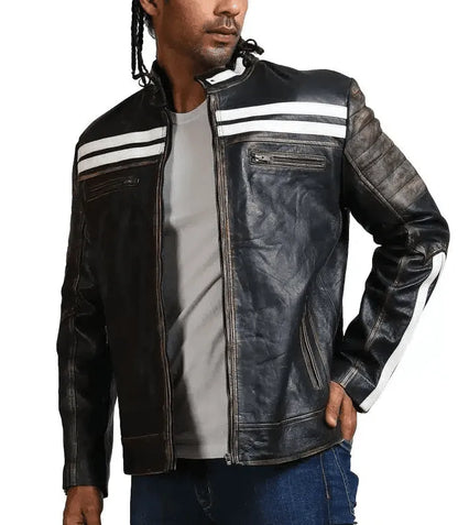 Men black cafe racer leather jacket