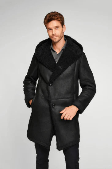 Men black hooded shearling leather coat