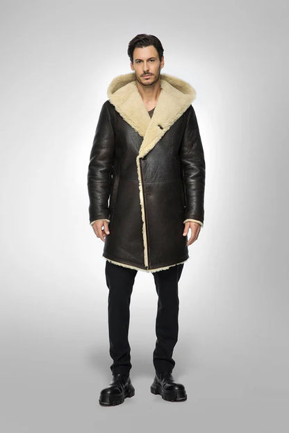 Men Black Hooded Sheepskin Shearling Coat