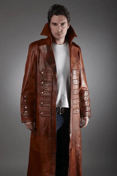 Men Dark Brown Long Leather Coat