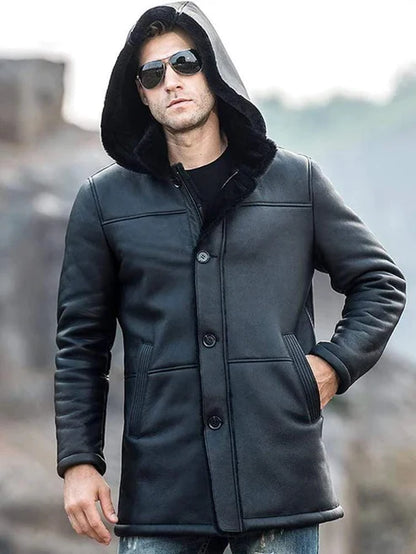 Men sheepskin fur leather coat with hood