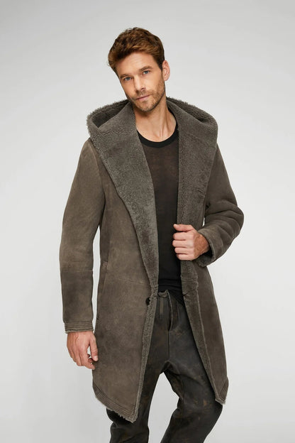 Men gray sheepskin leather coat with hood