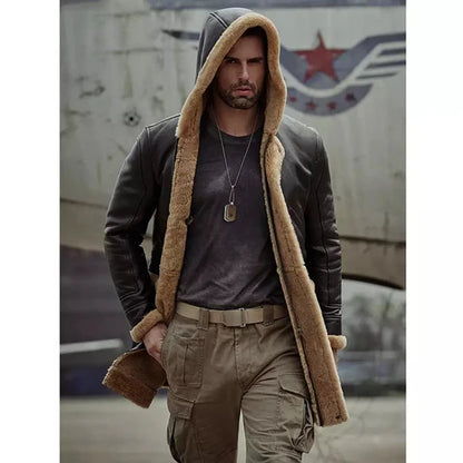 Men b7 bomber sheepskin leather coat with hood