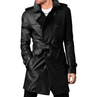 Men Black Vintage Long Leather Coat