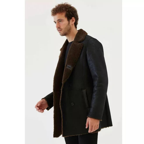 Men Dark Brown Shearling Leather Coat