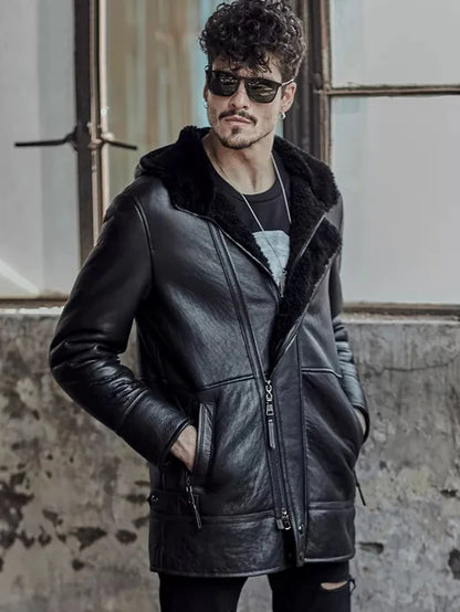 Men Hooded Shearling Leather Coat