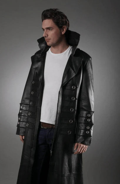 Men Black Long Leather Coat