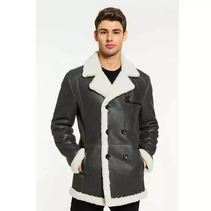 Men white fur sheepskin leather coat black