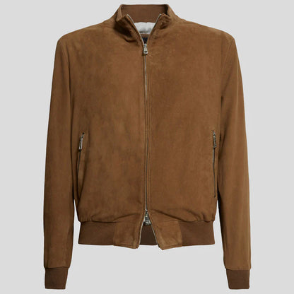 Men Dark Brown Suede Leather Bomber Jacket