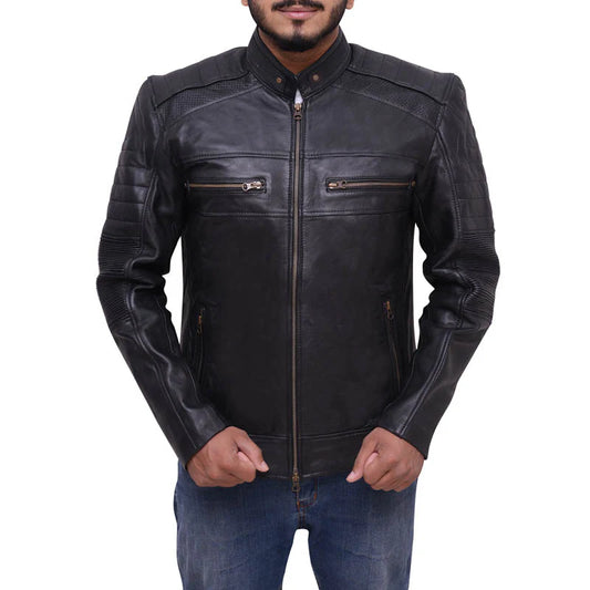 Mens Black Cafe Racer Biker Jacket