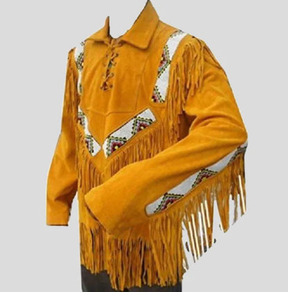 Western Men Cowboy Suede Jacket - Tan with Fringes