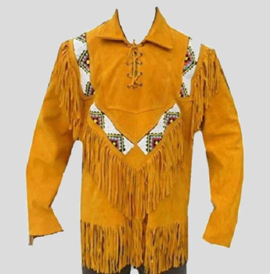 Western Men Cowboy Suede Jacket - Tan with Fringes