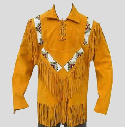 Western Men Cowboy Suede Jacket - Tan with Fringes