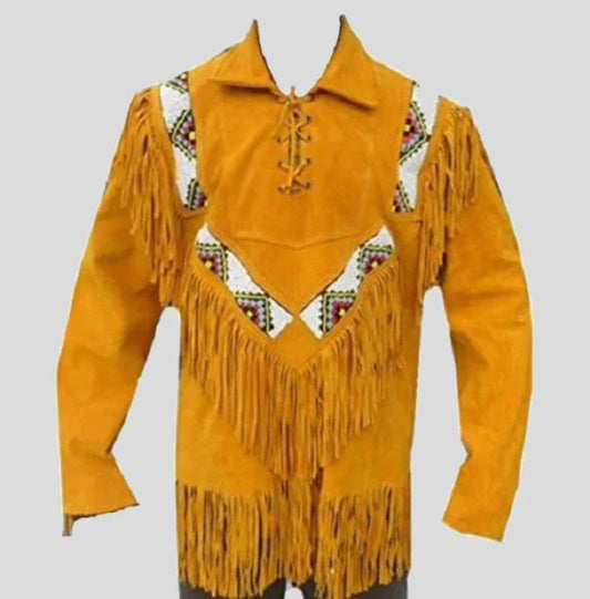 Western Men Cowboy Suede Jacket - Tan with Fringes